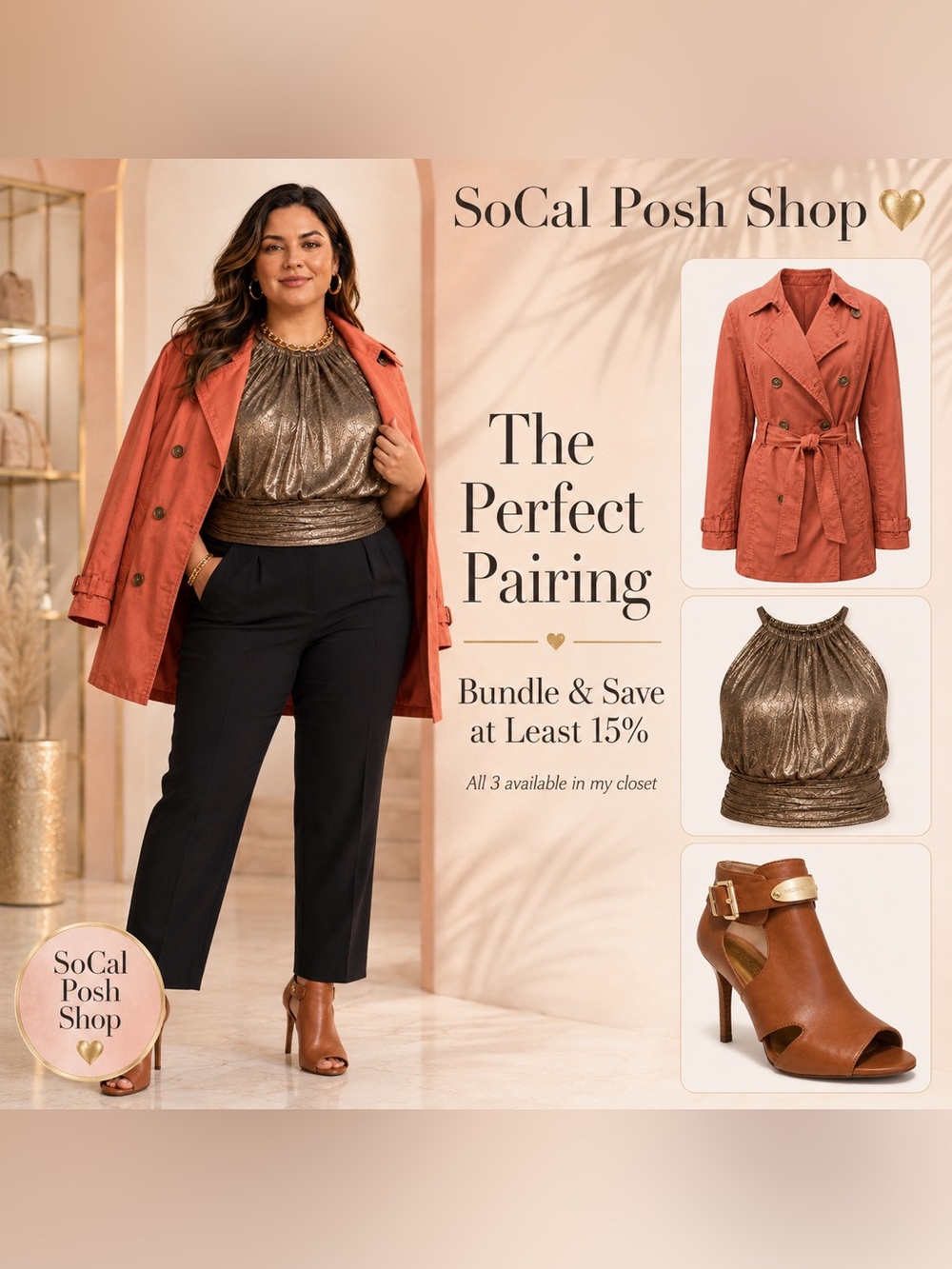 Michael Kors Coral Trench & Cognac Heels + WHBM Metallic Halter Bundle XL/7